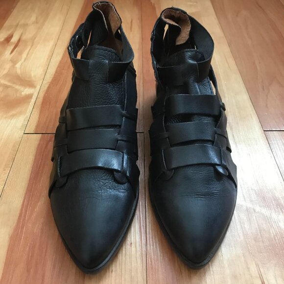 Free People Black Leather Style Nine Ankle Boots Double Buckle Strappy Booties - Picture 3 of 12